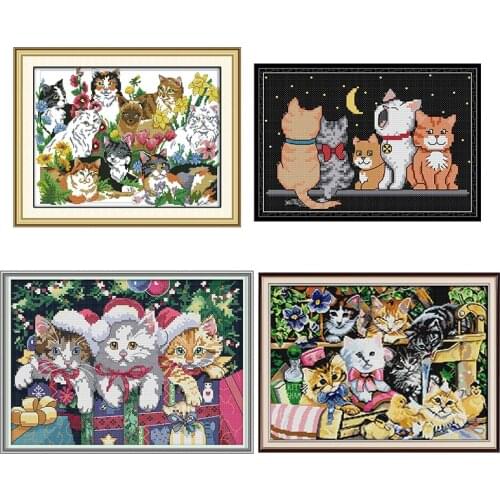 Joy Sunday Cross Stitch Embroidery Kit 14CT and 11CT Cute Cat DIY Manual Needlework Christmas New Year Home Decoration Painting