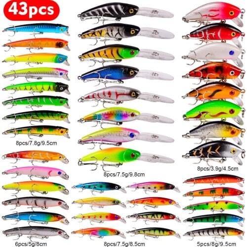 43Pcs/Set Mixed Fishing Lure Kits Crankbait Minnow Popper VIB Soft Lure Bass Baits wobbler Set Lifelike Fake Fishing bait Tackle