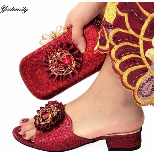 New Fashion Rhinestone Female Wine Color Pumps Shoes And Bag Set African Style High Heels Shoes And Bag Set For Wedding Party
