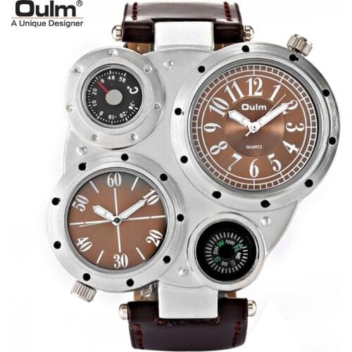 Personality Big Dial Double Time Zone Quartz Wrist Watch For Men Compass Thermometer Luminous Pointer Multifunction Men Watch