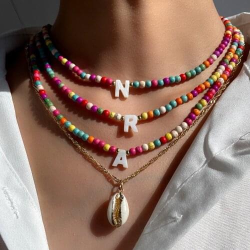 2Pcs/Set Natural Shell Letter Beaded Necklace For Women Colorful Turquoise Bead Choker Initial Necklaces Seashell Charm Jewelry
