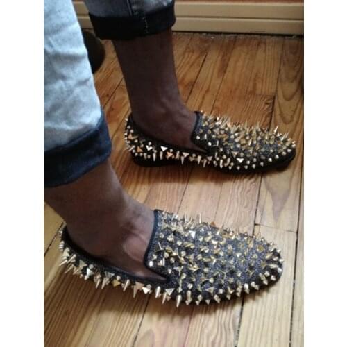 Luxury Designer Shoes Mens Casual Flats Blue Black Gold Silver Leather Wedding Shoes Rivet Studded Spiked Loafers Men shoes