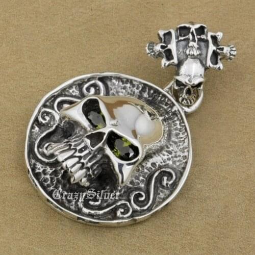 925 Sterling Silver Huge CZ Eyes Skull Mens Biker Rocker Punk Pendant 8C105 Just Pendant
