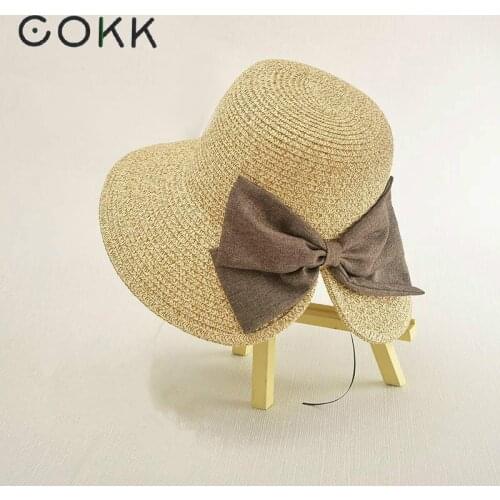 COKK Womens Sun Hat Big Bow Wide Brim Floppy Summer Hats For Women Beach Panama Straw Bucket Hat Sun Protection Visor Femme Cap
