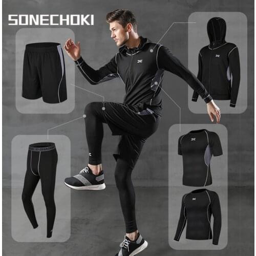 Jogging Suits Men 5 Pcs Compression Sportwear for Gym Clothing Quick Dry Running Fitness Tracksuit Workout Set Male Polyester