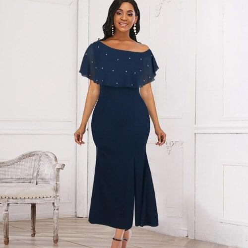 Classy Women Vintage Party Prom Dresses Bead Cloak Sleeve Bare Shoulder Navy Blue Long Dress Summer 2021 Night Evening Outfits