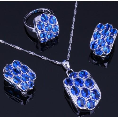 Tantalizing Blue Cubic Zirconia Silver Plated Jewelry Sets Earrings Pendant Chain Ring V0251