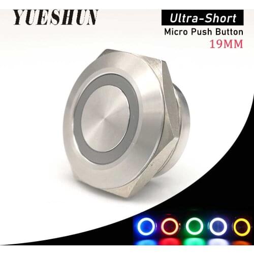 Yueshun 19mm Momentary Short body Metal Push Button Light Switch 12volt 24volt Ring LED IP67 Normal Open