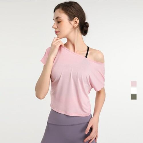 Womens T-Shirt Quick-Drying Breathable Yoga Clothes Sports Running Loose Solid Short-Sleeve Dance Training Stretch Fitness Top