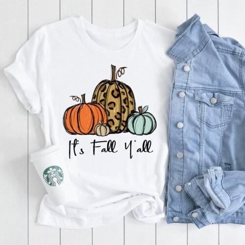 Colored Its Fall Y'all Pumpkins Print T-shirt Autumn Women Short Sleeve Graphic Tee Shirt Top Cute Thanksgiving Holiday Tshirt