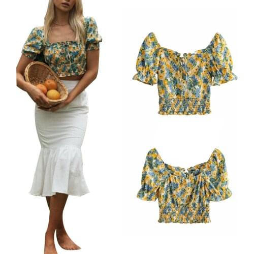 Women Summer Female Crop Tops Sunflower Print Square Neck Short Sleeve Pullover Short Shirt for Holiday Casual Blouse Tops S/M/L