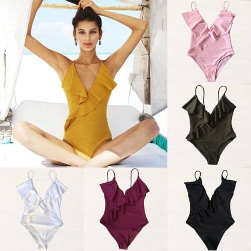 2019 New Style Fashion Hot Solid Womens Swimming Costume Beach Ruffles One-piece Bikini Swimwear Sun