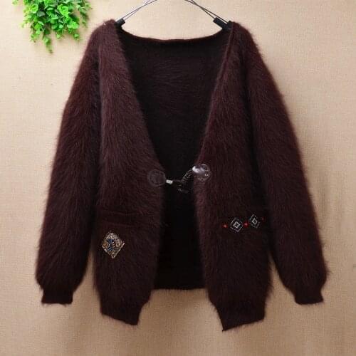 Top mujer femme vintage thick warm beading winter angora rabbit cardigans long sleeves loose mink sweater coat jacket mantle