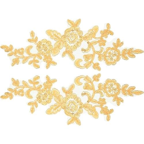 1 Pair Gold Floral Bridal Motif Sequins Applique Sewing Craft Venise Lace Applique Trim for Women Dress Clothing DIY