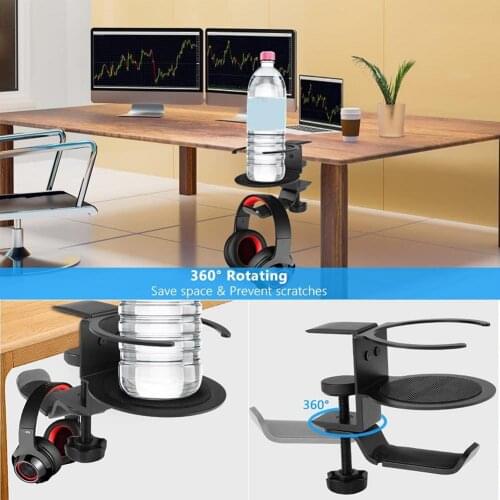 2 In 1 Multi-functional Aluminum Alloy Headphone Holder Portable 360 Degree Rotatable Earphone Desk Clip With Rotating Cup Holde