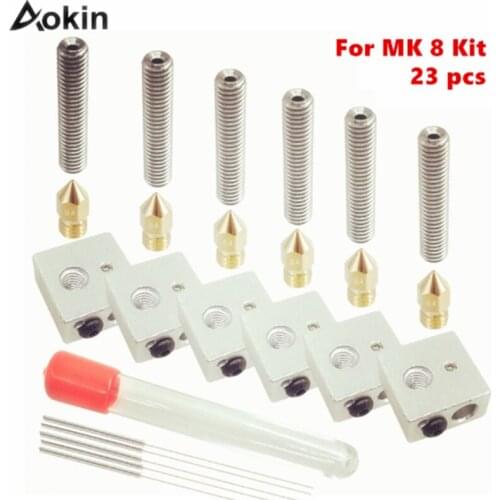 3D Printer 0.4mm MK8 Stainless Steel Extruder Nozzle Print M6 Head 1.75mm 30mm Length Throat Tube Heater Blocks Hotend