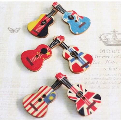 50Pcs/Package 35mm Guitar Two-Eye Wooden Buttons Retro Painted Cartoon Childrens Handmade Diy Decorate Buttons