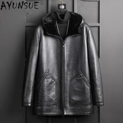 AYUNSUE Mens Real Sheep Shearling Leather Jacket Men Hooded Wool Fur Collar Coat Male Winter Parka Chaqueta Hombre LXR1000