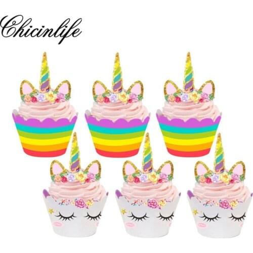 Chicinlife 24Pcs Cute Rainbow Unicorn Cupcake Cake Toppers Wrappers Unicorn Party Kids Baby Shower Cake Decorations Supplies
