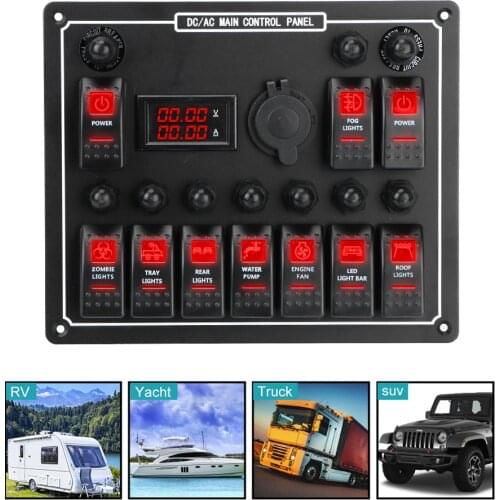 Dual Power Control 10 Gang Car Auto Marine Waterproof Overload Protection LED AC/DC 15A DC Output Rocker Switch Panel