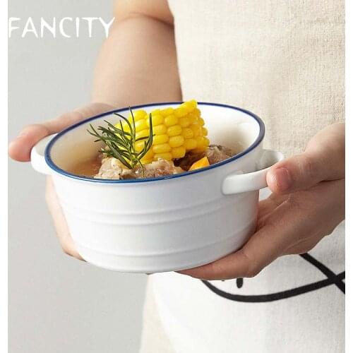 FANCITY Soup bowl cute salad bowl household fruit bowl dessert bowl small double ear bowl ceramic large capacity Nordic style