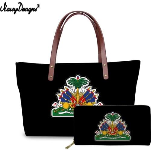 NOISYDESIGNS Black Haiti Flag Printed Women 2set Shoulder Handbag Wallet Simple Style Design Totes Bags Ladies Coin Case Purse