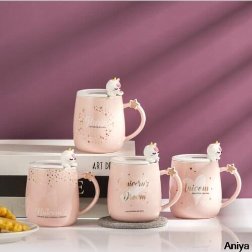 450ML Unicorn Mug Cup With Lid and Spoon Pink Creative Coffee Milk Tea Mugs Breakfast Party Drinkware Birthday Gift for Girls