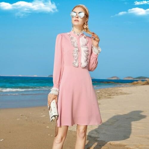 Fashion Casual Summer WomenS Charming Dress Comfortable Holiday Romantic Banquet Pink Lady Folds Lace Elegant Mini Dress