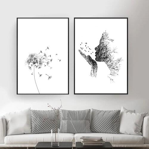 Dandelion Wall Art Canvas Painting Nature Portrait Black White Poster Prints Nordic Style Minimalist Living Room Bedroom Decor