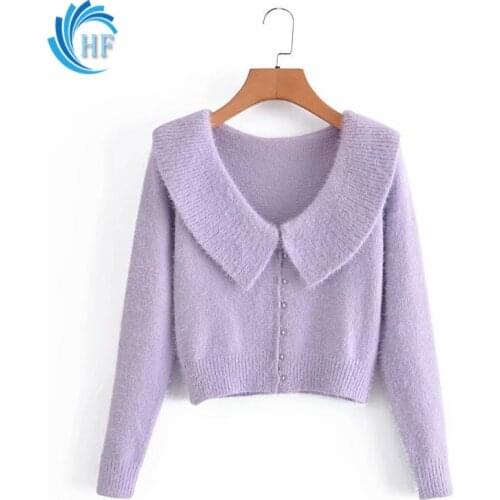 Fall New Solid Doll Collar Knitted Cardigan Pullover Single Breast Purple Short Solid Color Casual Coat Long Sleeve Loose Tops