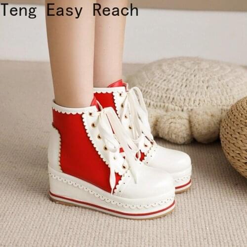 Autumn Lolita Shoes Sweet Lace Ankle Boots Women Round Toe Wedges Boot Fashion Plus Size 45 Platform Booties