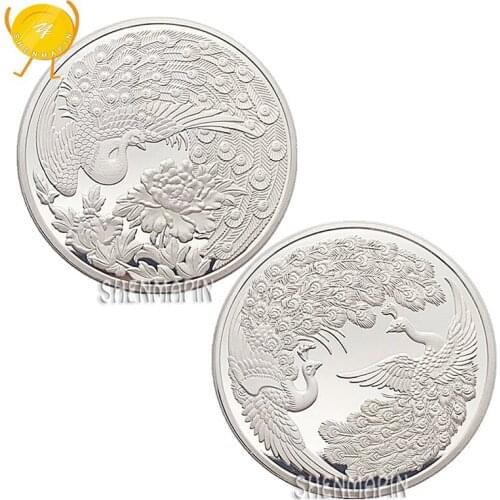 Queen of birds Peacock Commemorative Coin China Mascot Challenge Coin Chinese National Flower Peony Silver Coins Collectibles