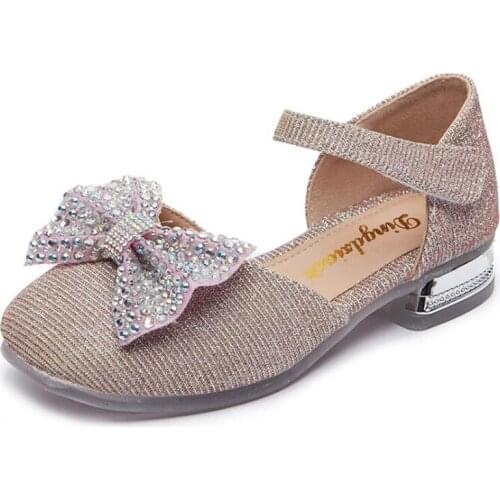 Girls Shoes Bowknot Sequins 2021 Summer New Princess Kids Soft Bottom Pearl Elegant Children High Heel Shoe