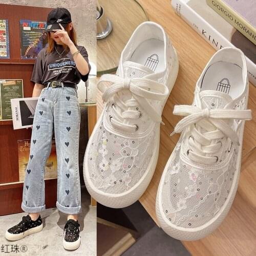Summer Thin Breathable Lace White Shoes for Women 2021 New Big Head Hollow Mesh Canvas Shoes Mesh Surface Mesh Shoes