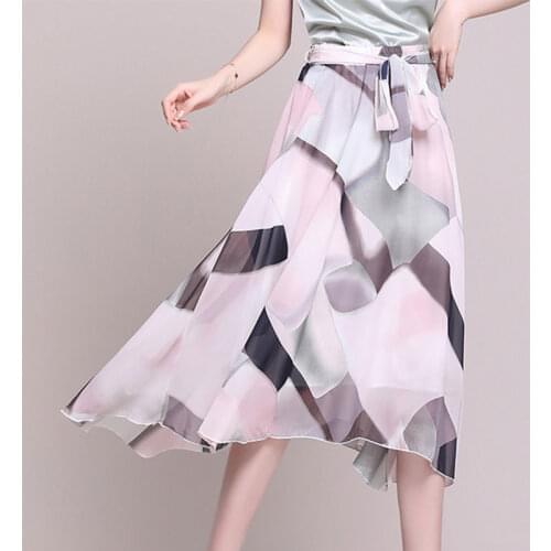 Women Summer Floral Print Chiffon Skirts Girls Spring Korean A-Line High Waist Ladies Elegant Office Holiday Midi Skirt aq886