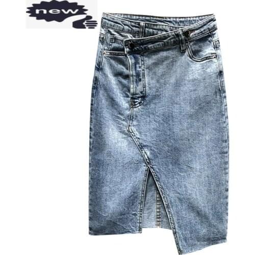 Summer Fashion Denim Wrap Women Irregular Slim Fit Midi Skirts Casual Streetwear A-line Split Jeans Skirt Jupe Femme
