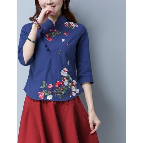 2019 New Ethnic Embroidery T shirt Women 3/4 Sleeve Handwork Button Summer Tops High collar Cotton Linen Tees Elegant Ladies