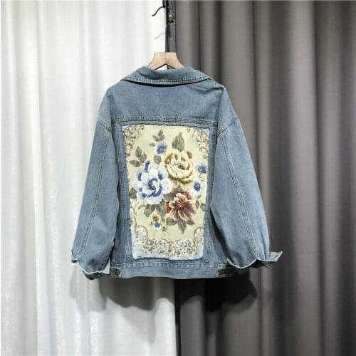 Vintage Applique Beaded Flower Embroidery Denim Jacket Female Casual Harajuku Blue Frayed Hole Jeans Jacket Spring Autumn 2021
