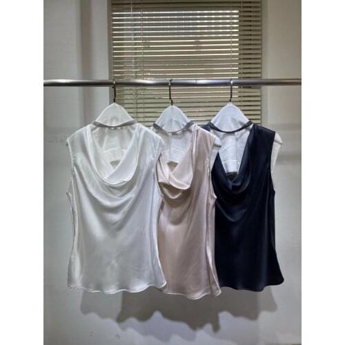 Women T-shirts 2021 Cashmere Patchwork Silk Beading Sleeveless Ladies White / Pink / Dark Blue Hot Sale T-shirt