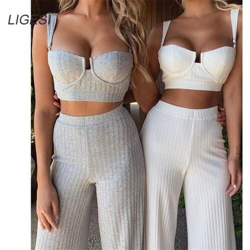 Ribbed Strapless Summer Crop Top and Pants Set Sleeveless Pockets Sexy Two Piece Set Women Solid Casual Women Tracksuits 2019