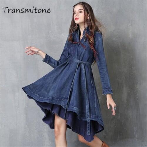 Spring Women Denim Dress 2019 Vintage Vestidos Asymmetrical V-Neck Belted Appliques Swing Hem Embroidery Long Sleeve Dresses