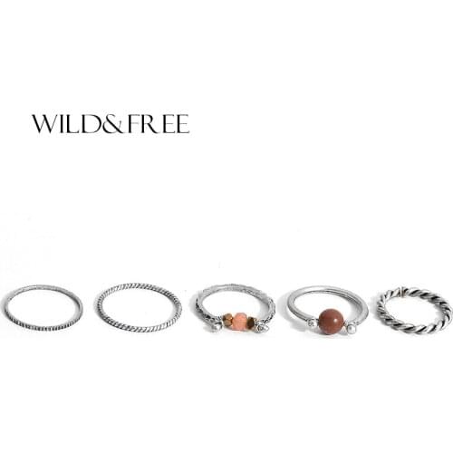 2017 New Vintage 5 PCS Stone Beads Ring Sets Handmade Antique Gold Adjustable Midi finger Rings for Women jewelry Gift