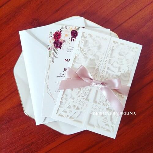 50 Pieces/Lot) Cream Eiffel-Tower Wedding Invitations With Light Pink Ribbon DIY Quinceanera Invitation Custom Printing