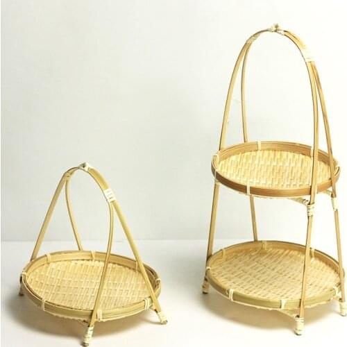 Bamboo Weaving Straw Baskets Tier Rack Wicker Fruit Bread Food Storage Kitchen Decorate Round Plate Stand Container