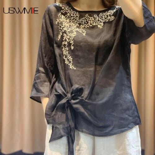 Free Shipping Women Shirt Summer Fashion Retro Embroidered Personalized Breathable Sunscreen Comfort Female Blouse