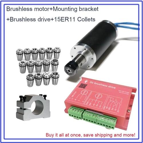 Brushless Spindle 250W 53Ncm 12000rpm DC24V 42mm Motor + Drive + Clamp & 15pcs ER11 Collets Match MACH3 for Metal Wood PVC