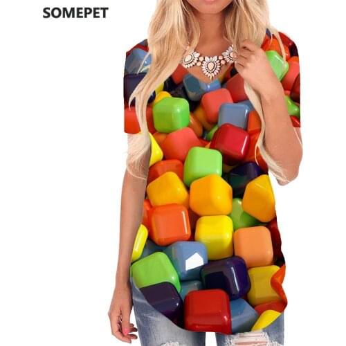 SOMEPET Rainbow T-shirt women Colorful Tshirts Printed Art Funny T shirts Harajuku V-neck Tshirt Womens Clothing Fashion Loose