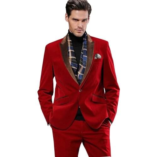 Red Mens Velvet Blazers Suit 2 piece Peaked Collar V Neck Vintage Tuxedo Groomsmen for Wedding Suits Men 2019 (Blazer+Pants)