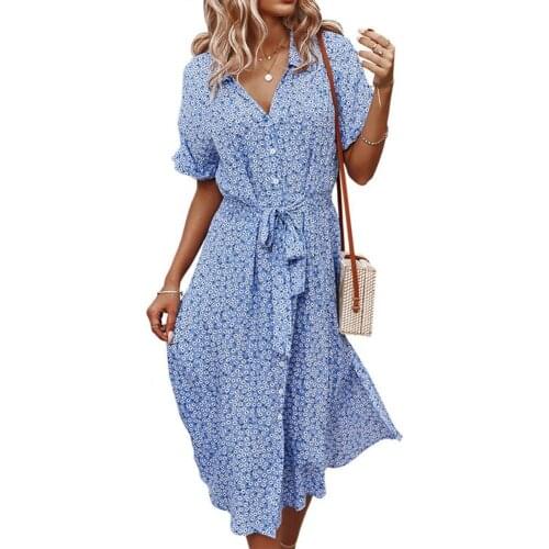 Summer dress Women Dress Floral Print Breathable Cotton Blend Sexy V-Neck Midi Dress for Beach robe femme Womens Clothing 2021