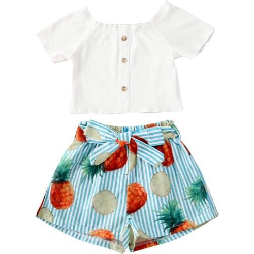 Summer holiday Infant Baby Girls Clothes Sets White Short Sleeve Button T Shirts Tops Floral Shorts 2pcs